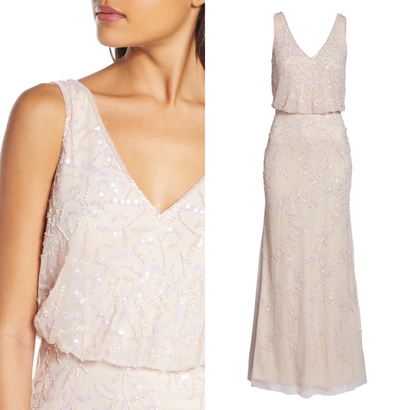 Adrianna Papell Blush Long Beaded Cocktail Dress - Picture 2 of 6